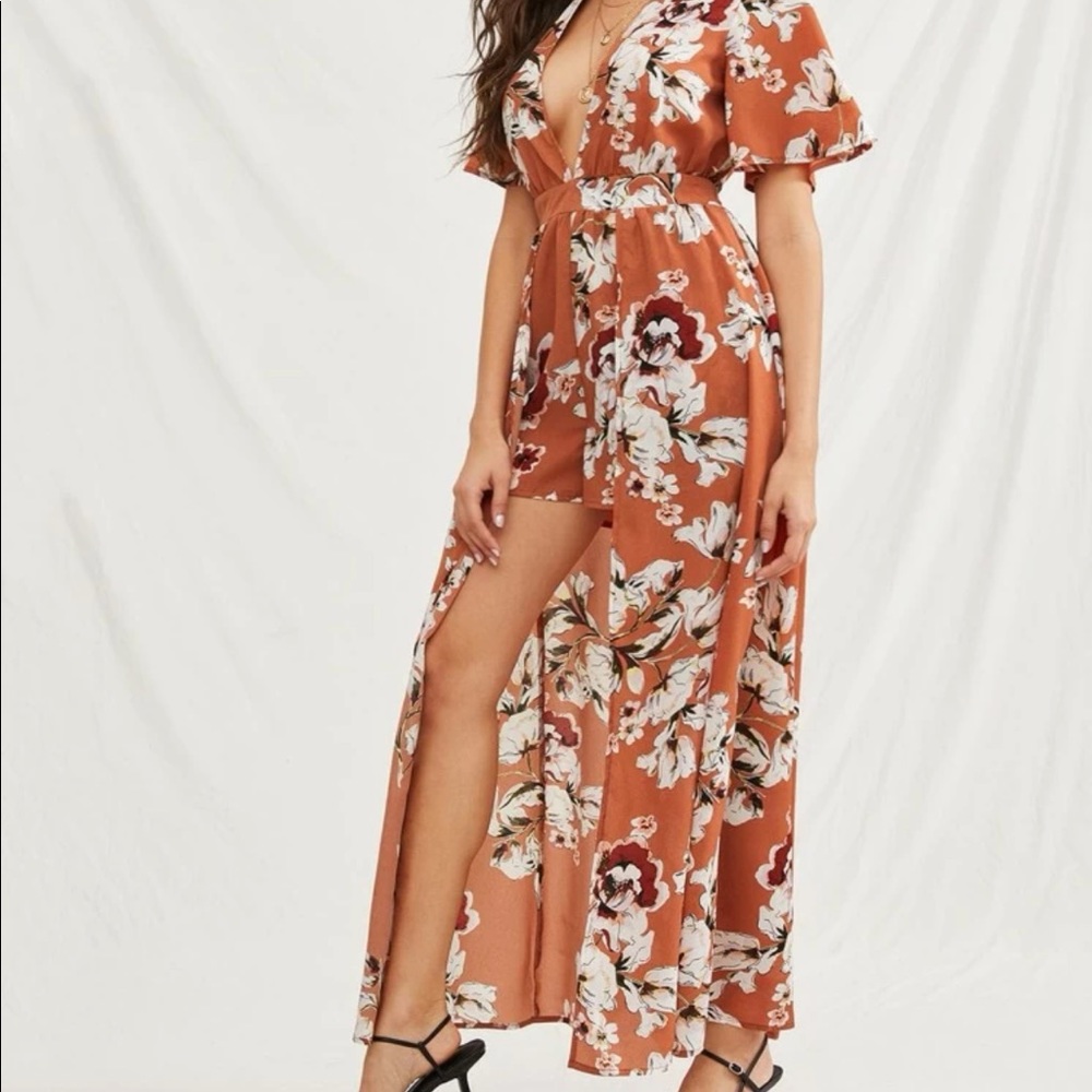 Floral Print Plunge Neck Maxi Jumpsuit